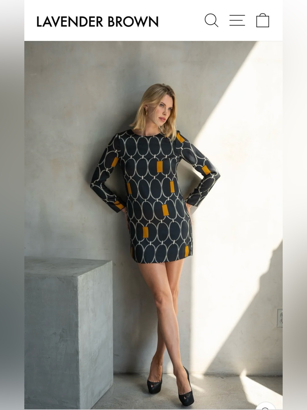 Lavender Brown Black Shift Dress with White Ovals and Mustard Accent. A1
